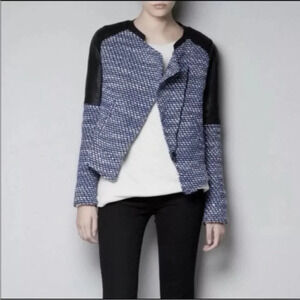 Zara Trafaluc Blue Black Tweed Faux Leather Moto Jacket